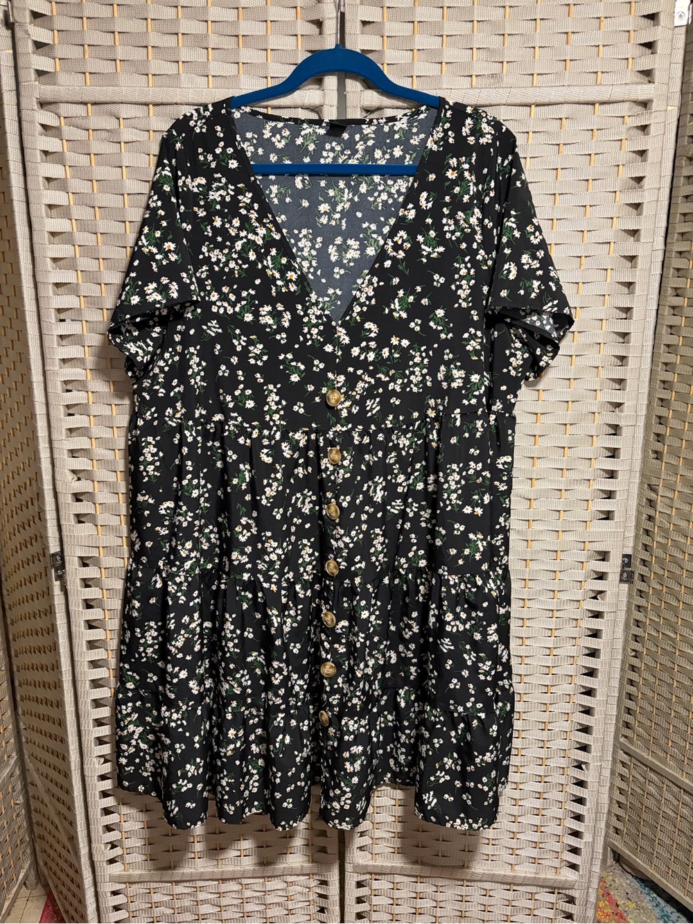 SHEIN Black Mini Dress with White Floral and Gold Buttons